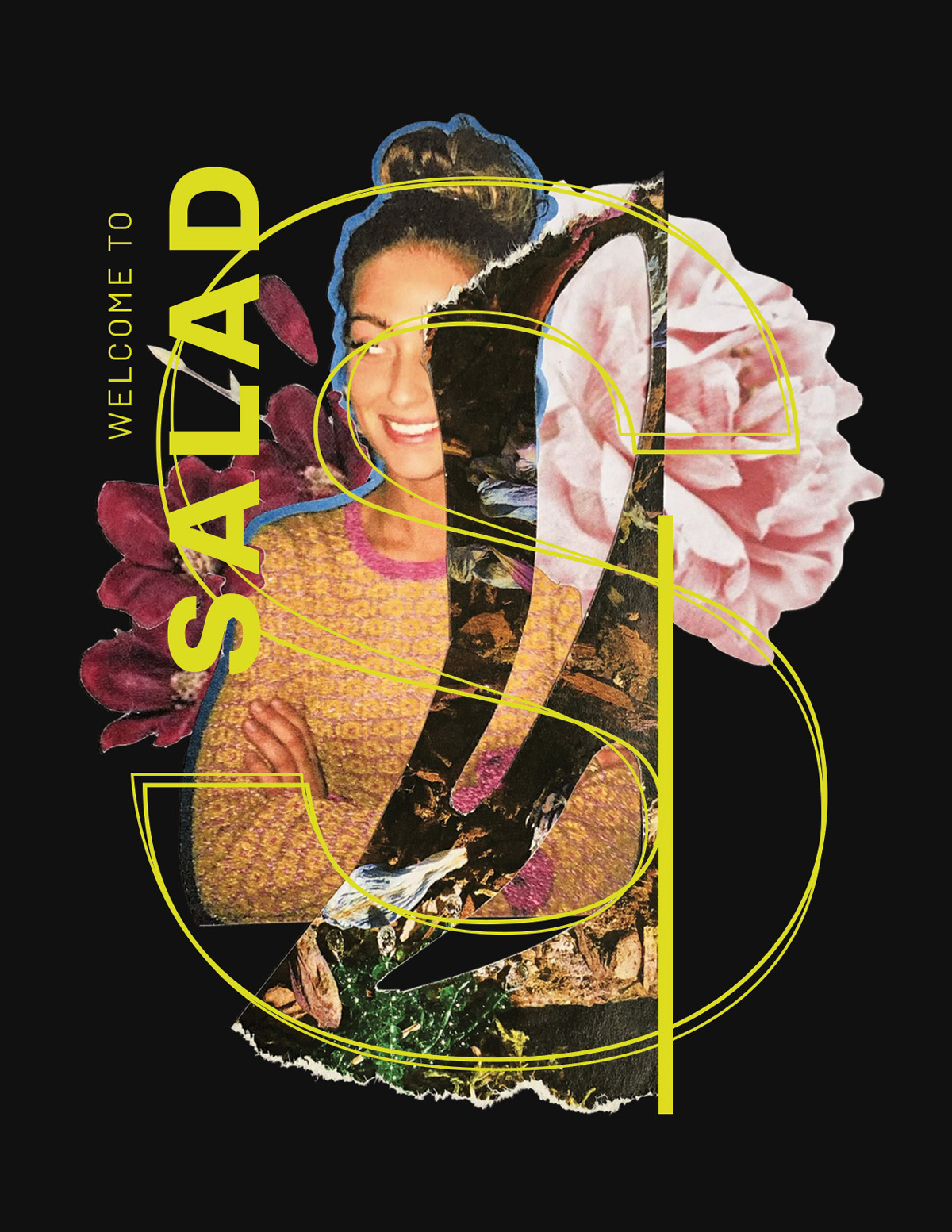 Front cover of the first Salad program, featuring collaged artwork by Mariana Magalhães.