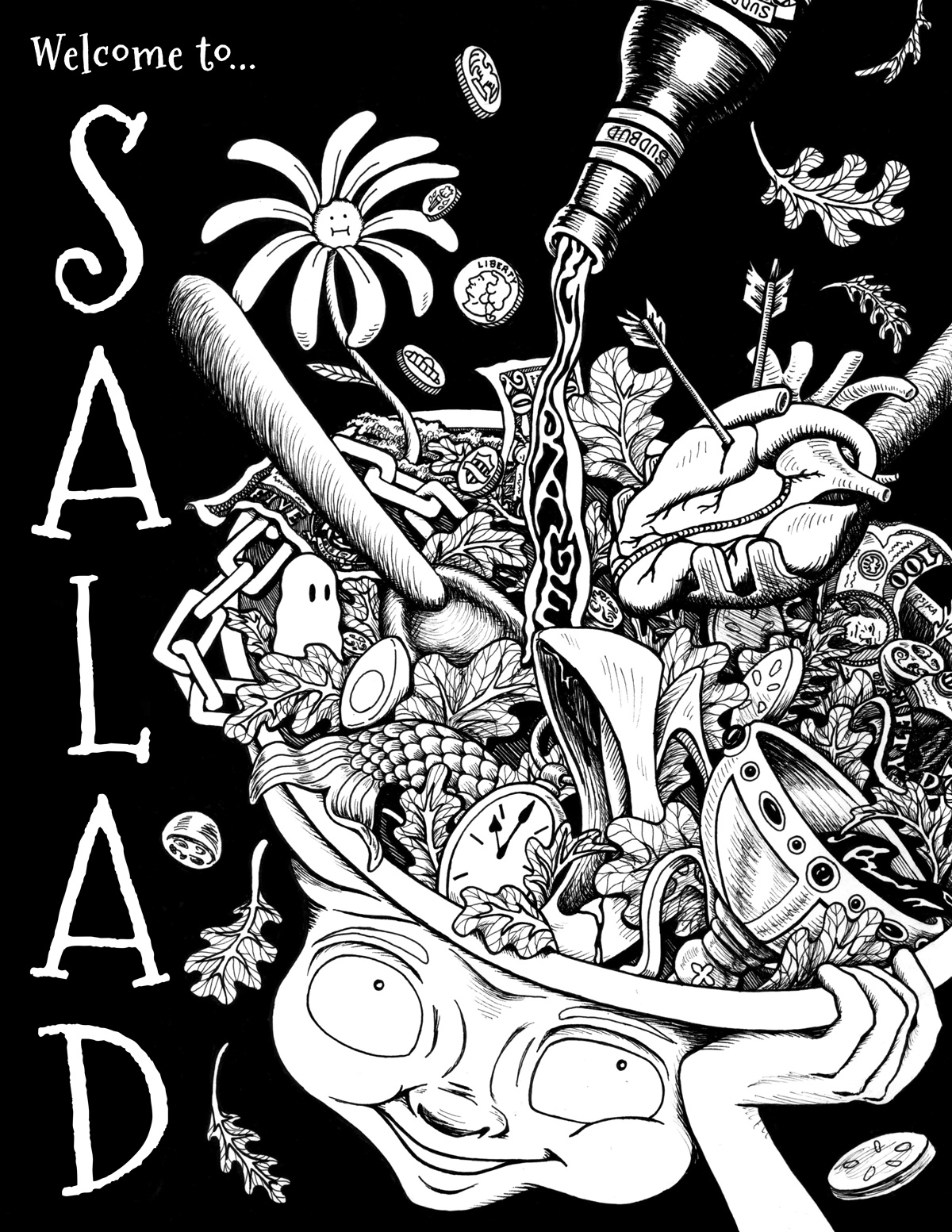 Front cover of the second Salad program, featuring pen and ink artwork by Amy Osika.