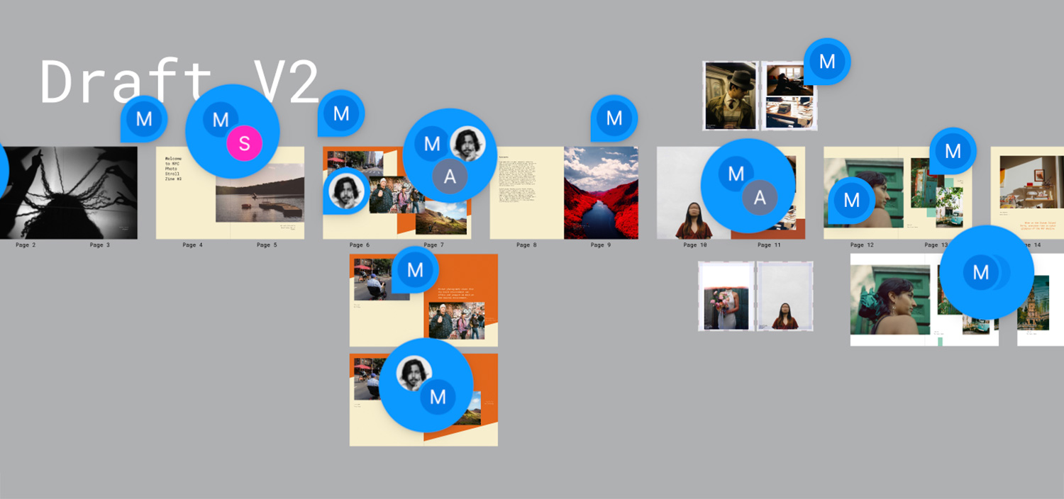 A screenshot from NYC Photo Stroll's collaborative zine design process, featuring page layouts in Figma along with comments from contirbutors