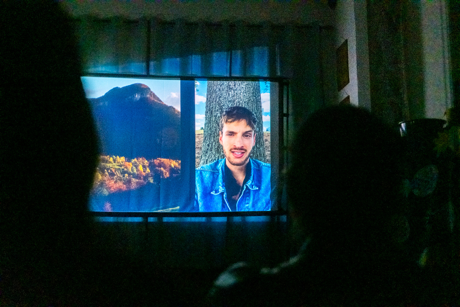 In a darkened room illuminated by the blue glow of a projector, audience members, out of focus in the foreground, watch as Max Ihlenburg, on screen in a pre-recorded video message, introduces his film.
